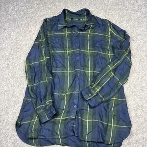 Lauren Ralph Lauren Shirt Large Blue Plaid Viscose Button Up Roll‎ Tab Classic